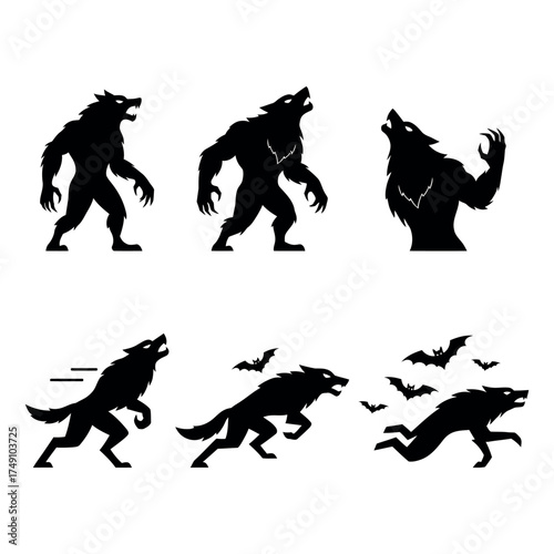 Set of werewolf Halloween icons in modern flat silhouette style