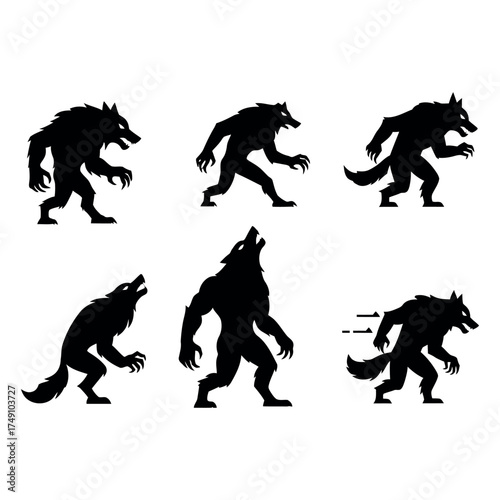 Set of werewolf Halloween icons in modern flat silhouette style