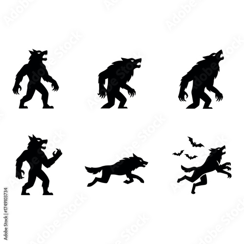 Set of werewolf Halloween icons in modern flat silhouette style
