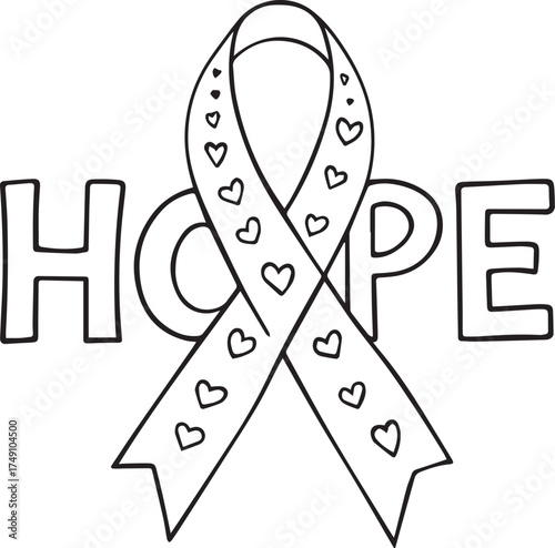 Ribbon of Hope: A symbol of hope, a meticulously crafted awareness ribbon, gracefully adorned with hearts, stands as an emblem of support. The word HOPE is boldly inscribed.