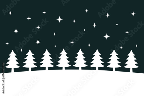 Minimal winter forest with white pine trees under starry night sky background