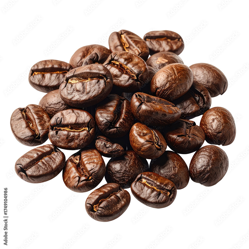 Naklejka premium Roasted coffee beans closeup, dark brown with slight shine. Isolated on black background