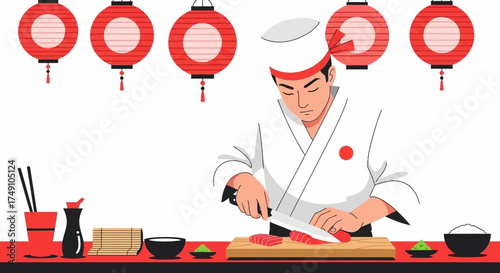 Traditional sushi chef preparing fresh sashimi under festive red asian lanterns, culinary art