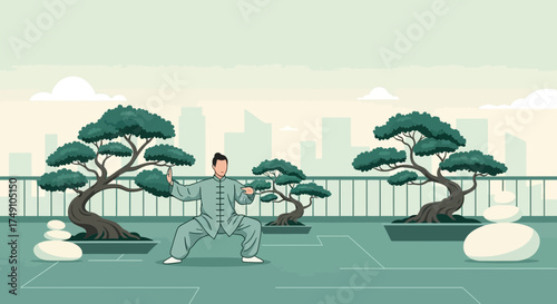 Tranquil Tai Chi Practice Amidst Bonsai Trees and a Cityscape Backdrop Illustration