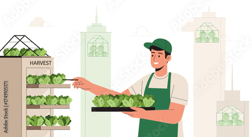 Urban farming revolution man harvesting fresh lettuce in vertical farm skyscrapers background