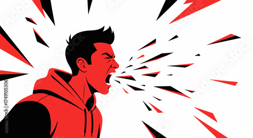 Vector illustration of an angry man shouting with geometric shapes emitting from mouth