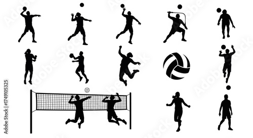 Volleyball Players Silhouettes in Action - Serving, Spiking, and Passing.