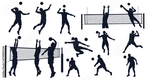 Volleyball Players Silhouettes in Action - Spiking, Blocking, and Serving.
