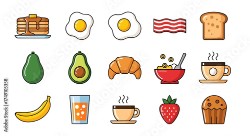 Assorted Breakfast Food Icons - Pancakes, Eggs, Bacon, Toast, Avocado, Croissant, Cereal, Coffee, Banana, Juice, Strawberry, Muffin.