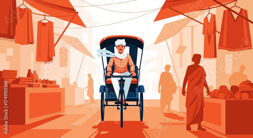 Vibrant illustration of a rickshaw driver navigating a bustling indian marketplace scene