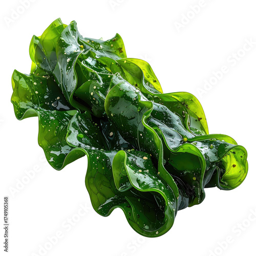 Fresh, vibrant green seaweed, wavy texture, glistening, healthy food