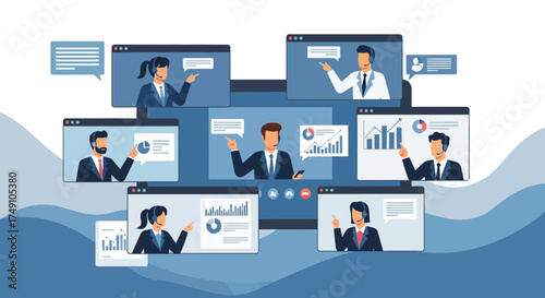 Virtual business meeting with team online to collaborate on tasks and strategies