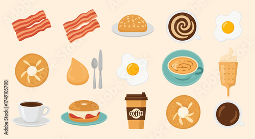 Breakfast Food Icons - Bacon, Eggs, Coffee, and Pastries.