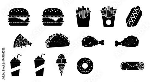 Black and White Fast Food Icons - Burgers, Fries, Pizza, and More.