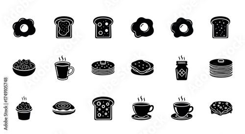 Breakfast Food Icons - Eggs, Toast, Pancakes, Coffee, and More.