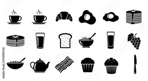 Breakfast Icon Set - Coffee, Croissant, Eggs, Pancakes, and More.