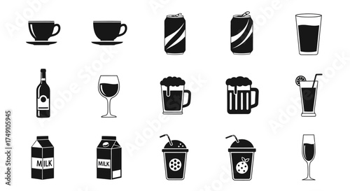 Collection of Various Drink Icons - Coffee, Soda, Beer, Juice, and More.