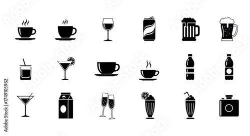 Collection of Various Drink Icons in Black and White.
