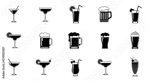Collection of Various Drink Illustrations in Black and White.