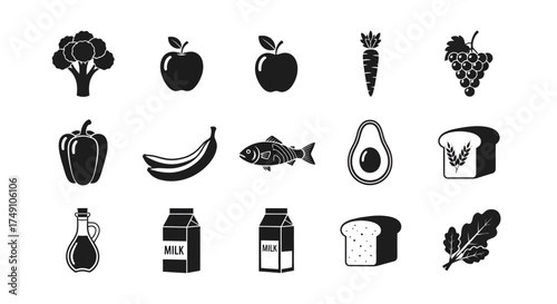 Diverse Selection of Healthy Food Icons in Black and White.
