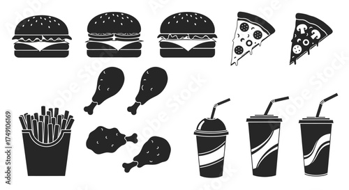 Fast Food Icons - Burgers, Pizza, Chicken, Fries, and Drinks.