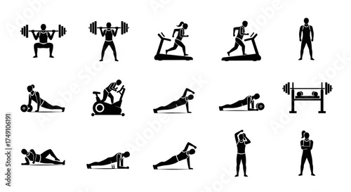 Fitness Icons - Diverse Workout Routines and Exercise Illustrations.