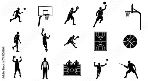 Silhouetted Basketball Players and Court Elements in Action.