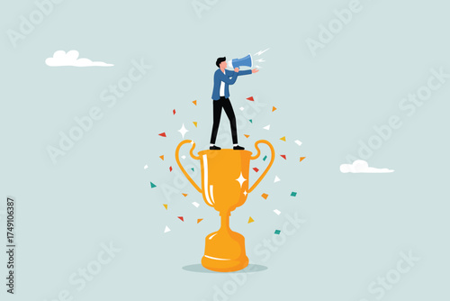 A successful businessman stands atop a golden trophy, announcing his victory with a megaphone. The concept of achievement, winning awards, and achieving business goals. A metaphor for being number one