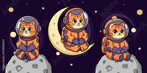 Adorable Astronaut Cats on Moon and Crescent