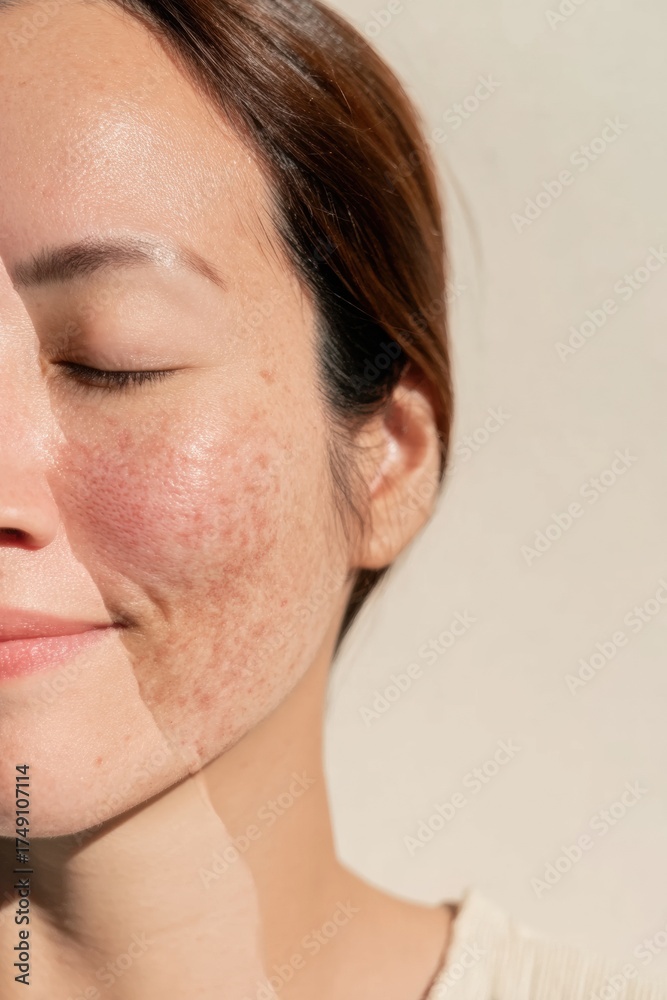Obraz premium Professional Inclusive Skincare Comparison Close-up Showing Clear and Blemished Female Skin Modern Dermatology Content for Authentic Lifestyle Marketing