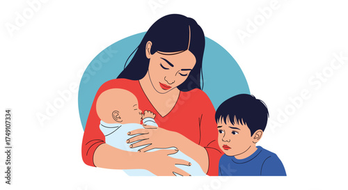 A mother lovingly cradles her newborn baby while her older child looks on with curiosity and a touch of concern.