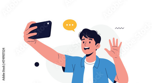 A young man taking a selfie and waving hello to his friends online.