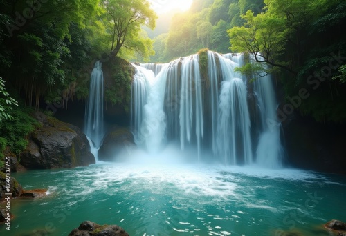 Breathtaking Waterfall Splendor Amidst Dense Canopy Splurge of Cascading Streams