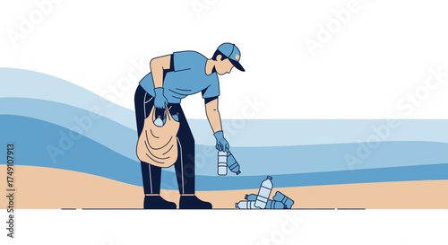 Volunteer cleaning the beach collecting plastic bottles, promoting environmental awareness and