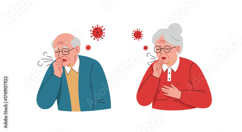 Elderly couple coughing with virus particles in the air representing illness and contagion.