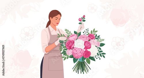 Woman arranging a beautiful bouquet of roses, showcasing floral design artistry and the elegance