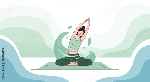 Woman practices yoga in lotus pose with water wave background for wellness concept