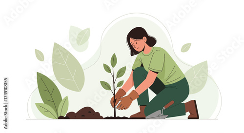 Woman planting tree in garden contributing to environmental conservation vector illustration