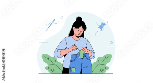 Woman skillfully repairing denim jeans with a needle, promoting upcycling and sustainable fashion