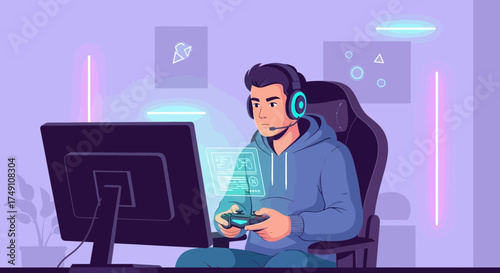 Young man immersed in online gaming with headset and controller in stylized vector art