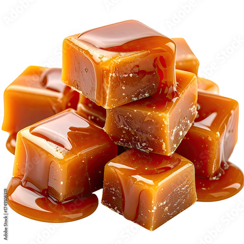 Close-up of golden, glistening caramel cubes piled. Some are dripping