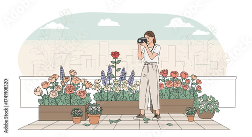 Young woman capturing beauty in a rooftop garden with her camera during the day