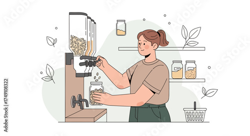 Young woman fills jar with cereals in zero waste shop promoting sustainable living