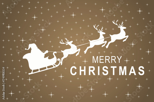 santa sleigh silhouette with reindeer and stars on brown background for christmas greeting and festive design
