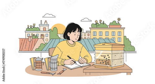 Young woman working as a beekeeper on a rooftop garden surrounded by buildings and greenery