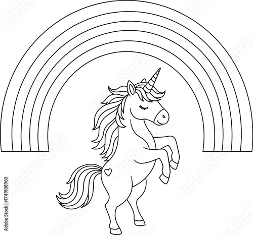 Graceful Rearing Unicorn with Flowing Mane Under a Rainbow - Fantasy Outline Vector Illustration