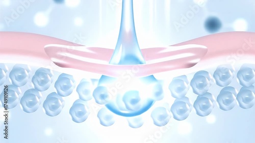 clear drop with collagen molecules penetrates the skin, igniting a burst of light from deep within that lifts and smooths wrinkles for a youthful appearance. 3D rendering.