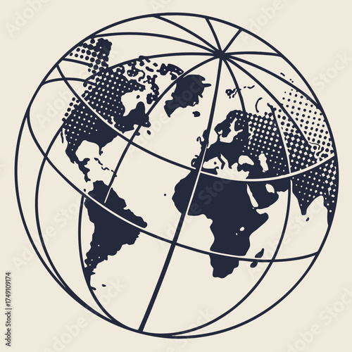 World globe with meridian lines and dotted continents on a beige background