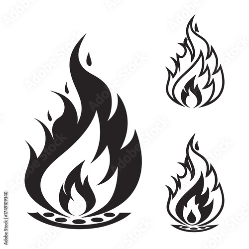 Stylized black and white flame illustrations