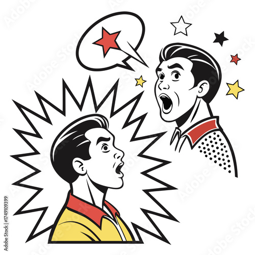 Retro comic book style illustration of two men in shock